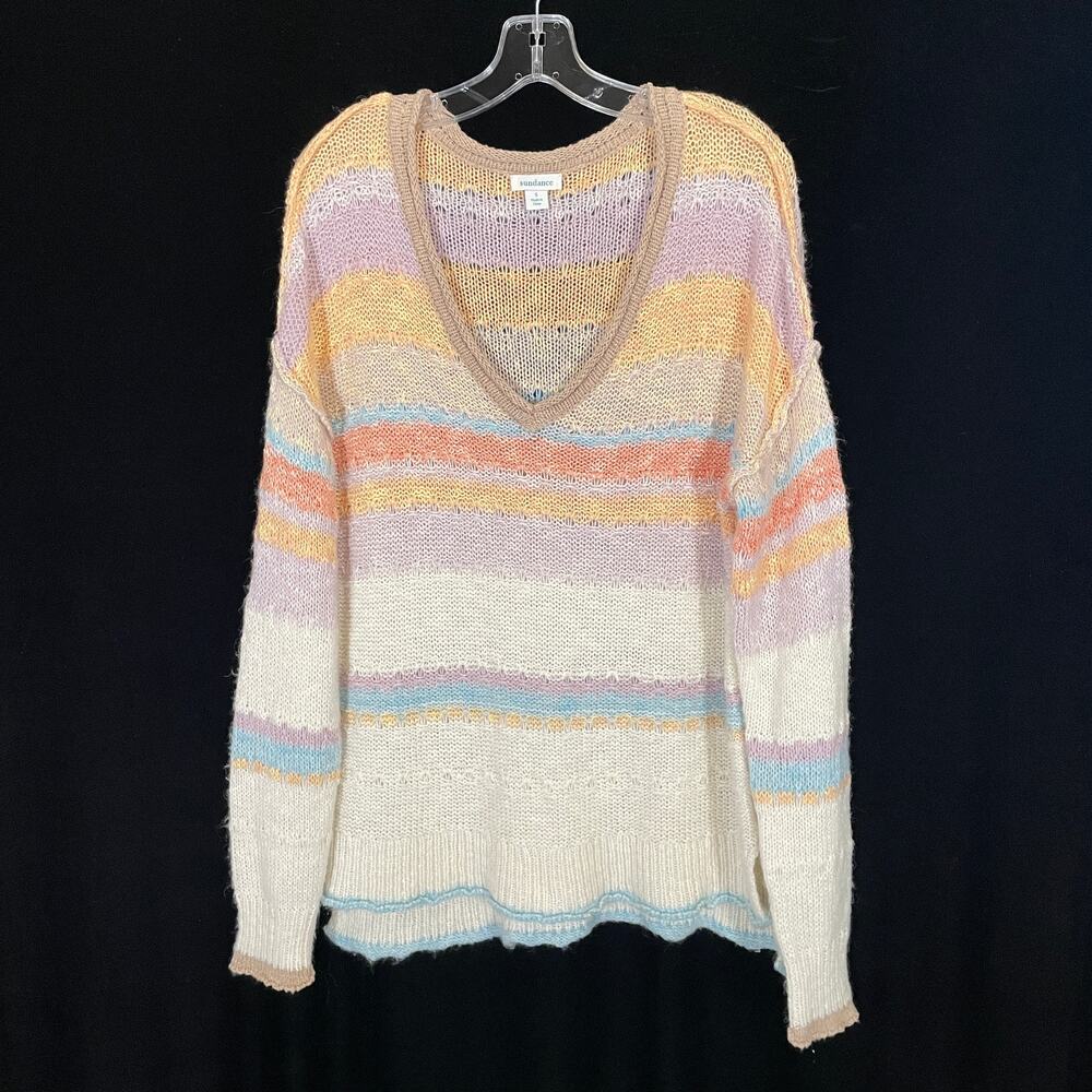 Sundance Slouchy Sweater Pastel Stripes‎ Vneck Dropped Shoulders Ivory Knit S